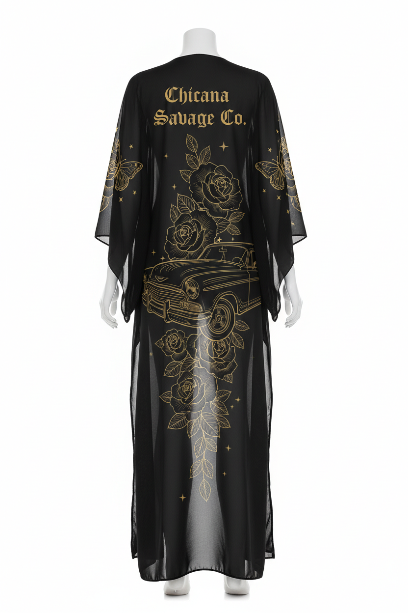 Black Chicana Maxi Kimono Cover Up
