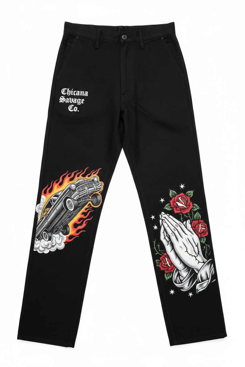 Black Chicano Lowrider Praying Hands Pants