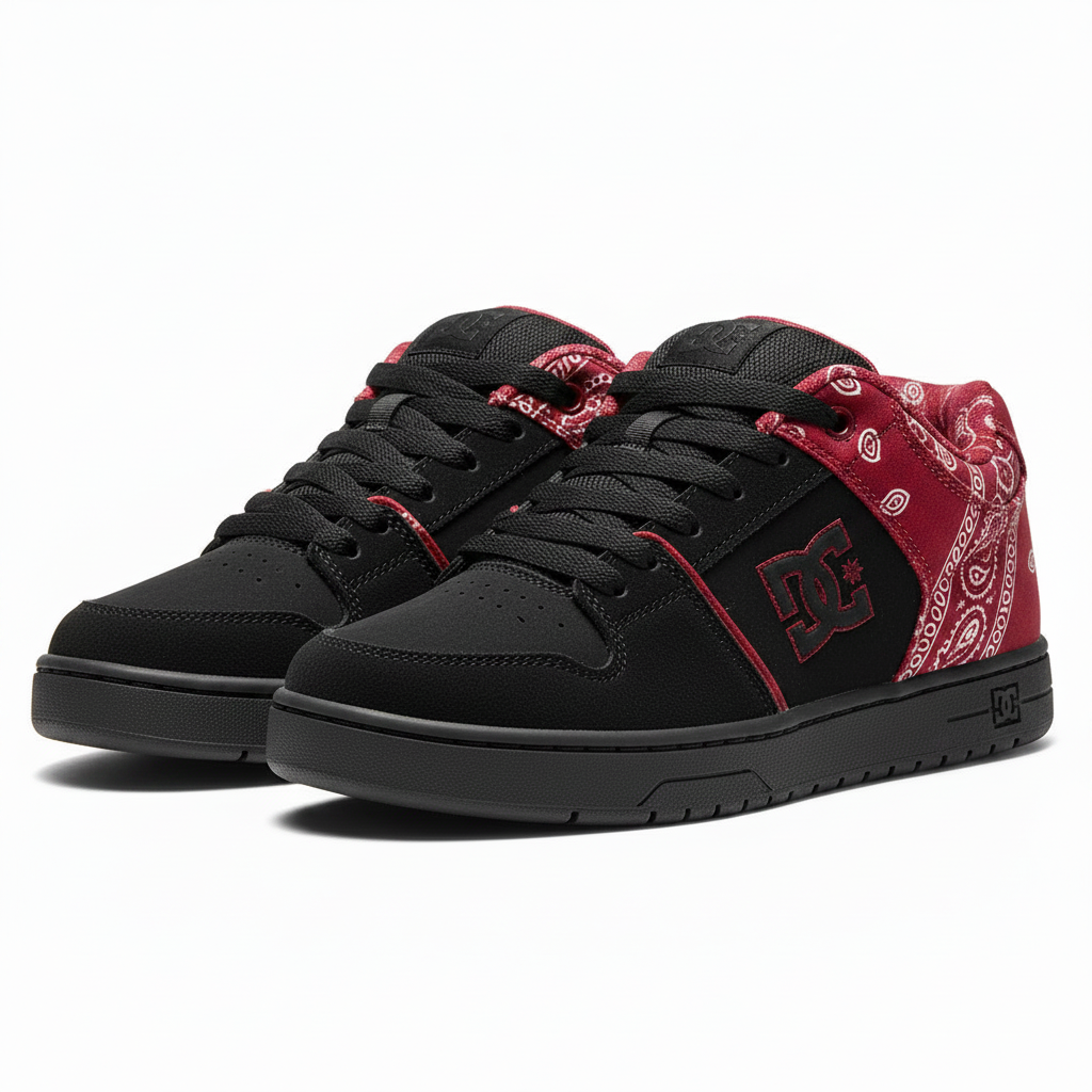 Black DC Shoes with Red Bandana Trim