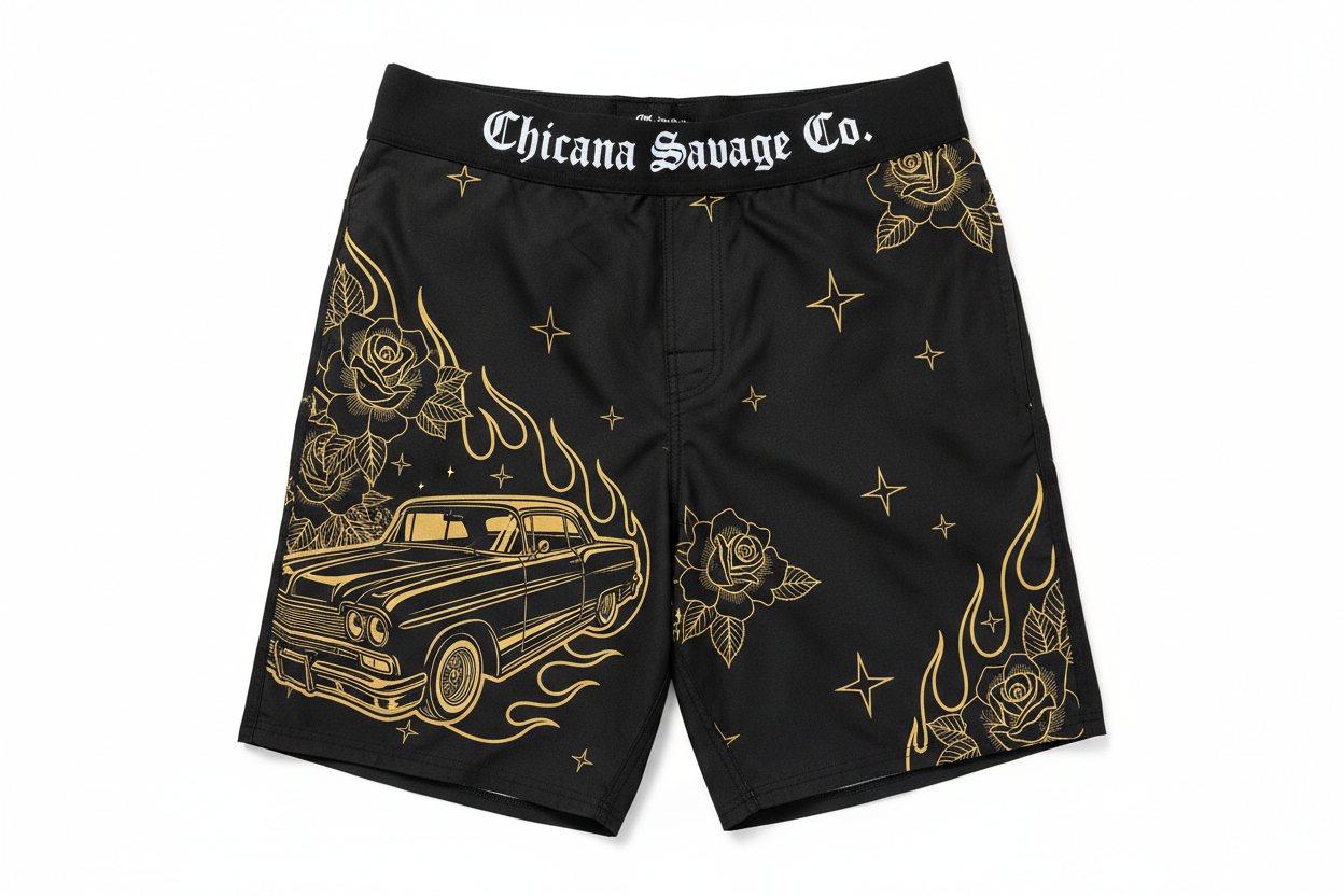 Black Lowrider Chicano Swim Trunks