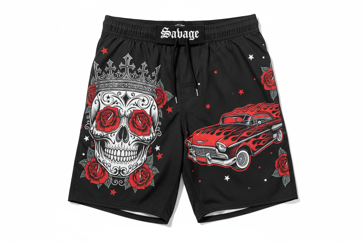 Black Savage Sugar Skull Swim Trunks