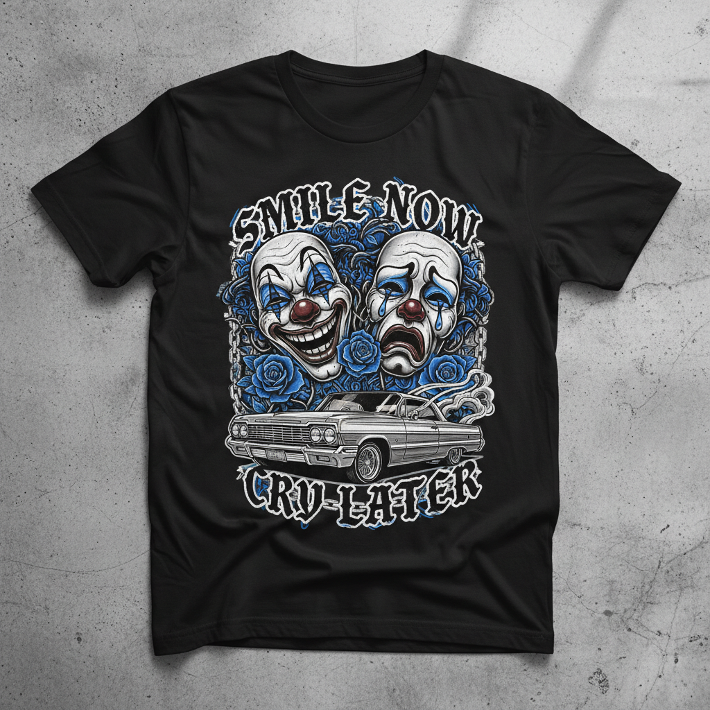 Black Shirt - Smile Now Cry Later Lowrider with Blue Roses