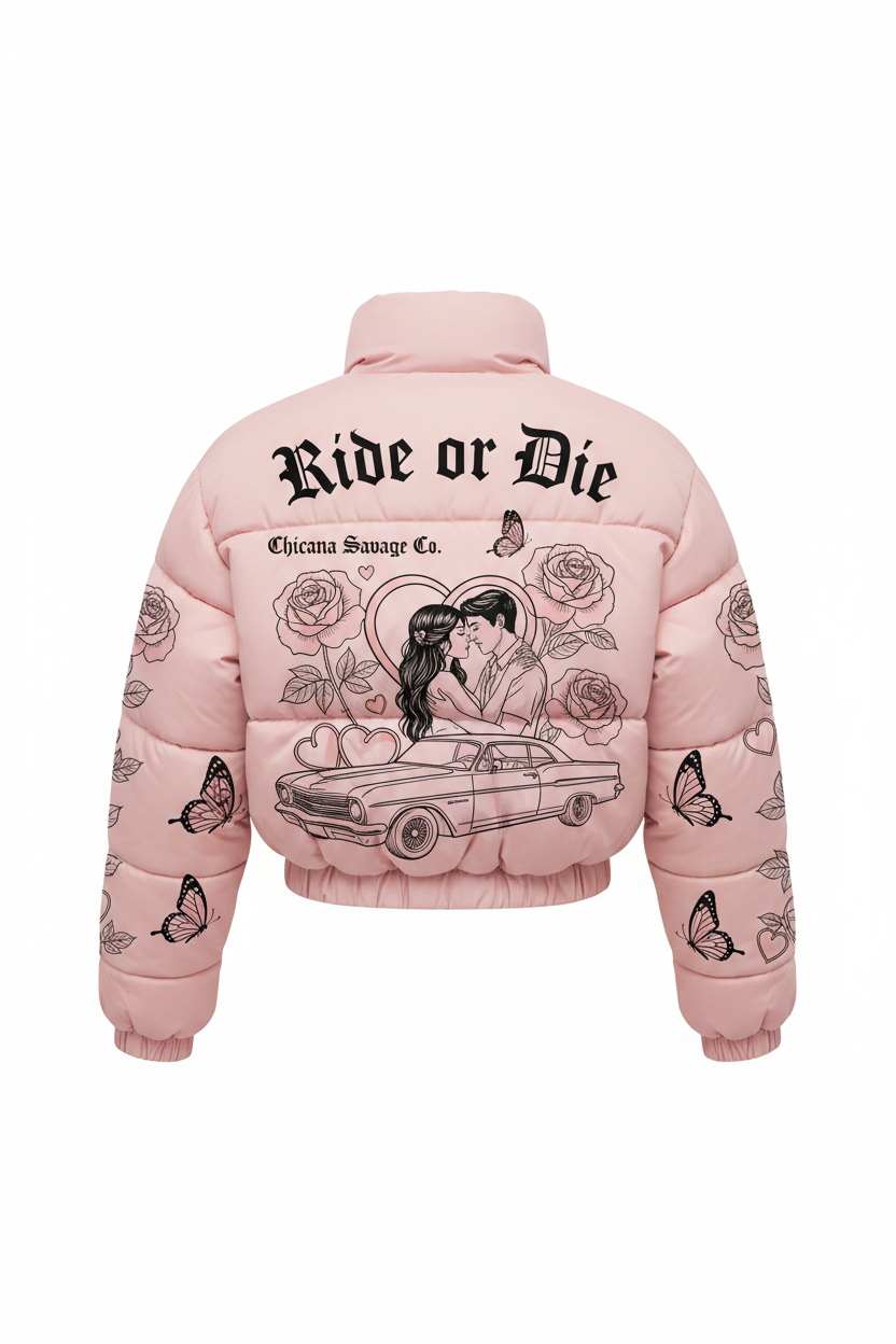 Blush Pink Ride or Die Chicana Puffer Jacket