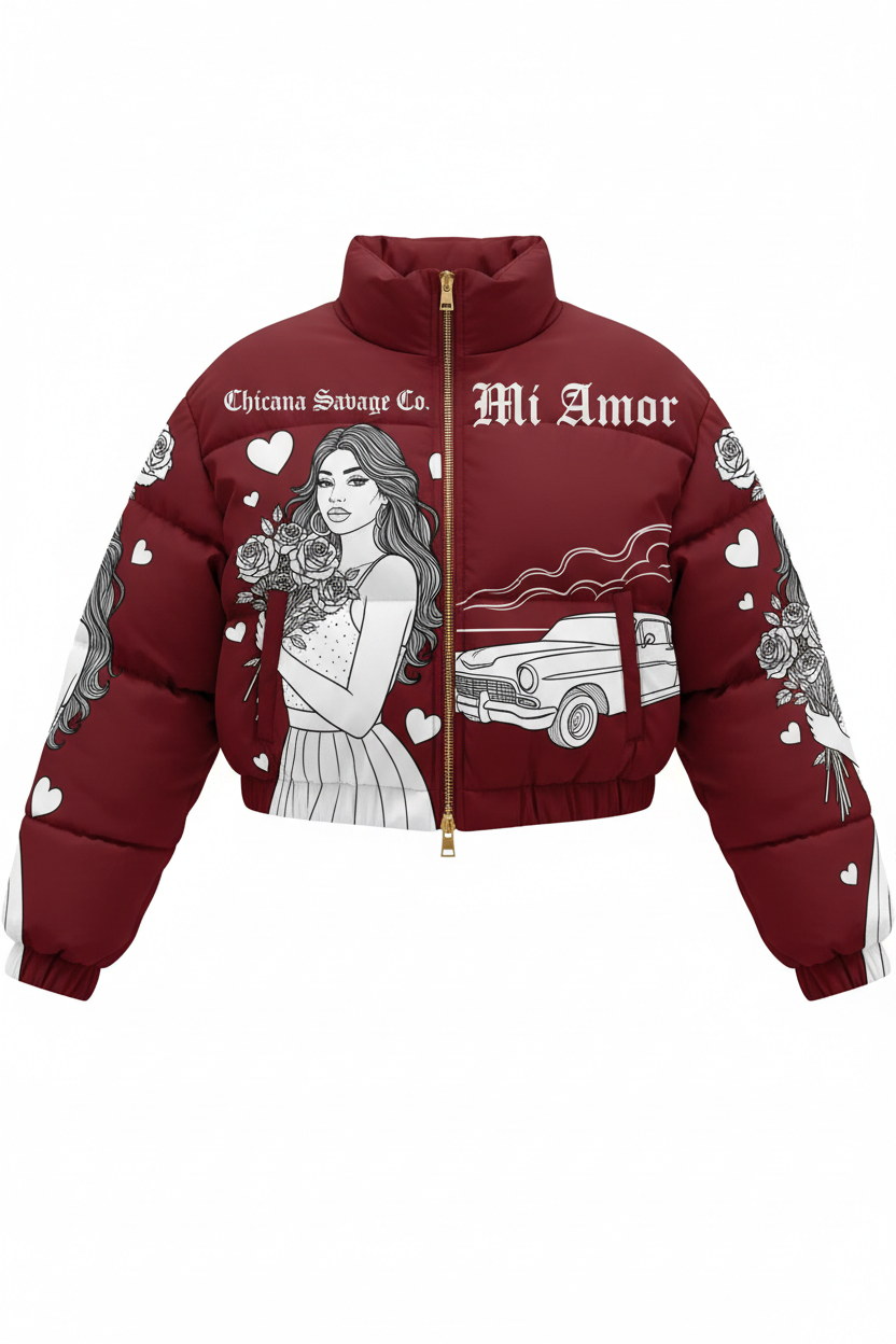 Deep Red Mi Amor Chicana Puffer Jacket