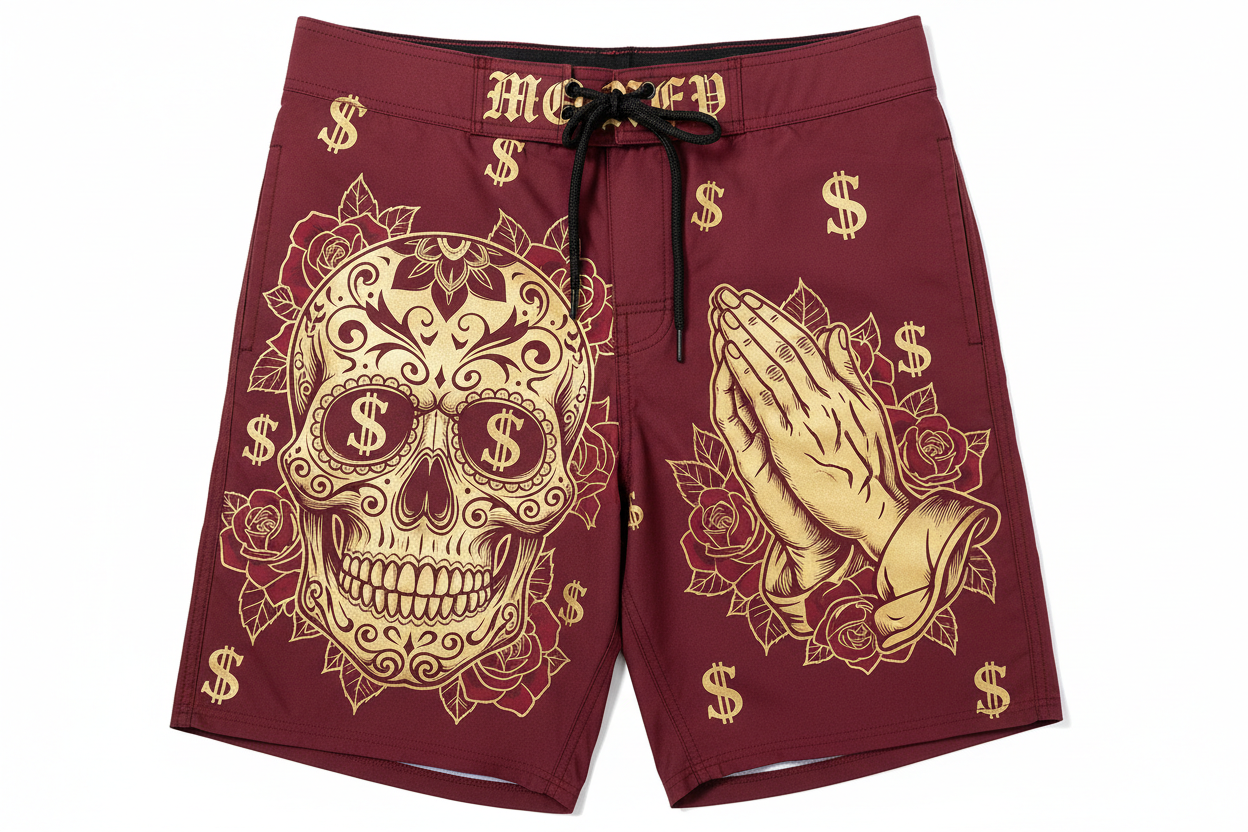 Deep Red Money Sugar Skull Swim Trunks