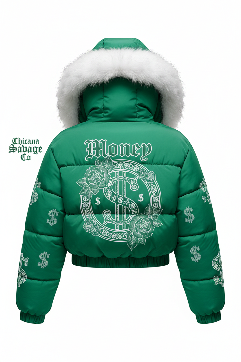 Emerald Green Money Fur Hood Puffer Jacket