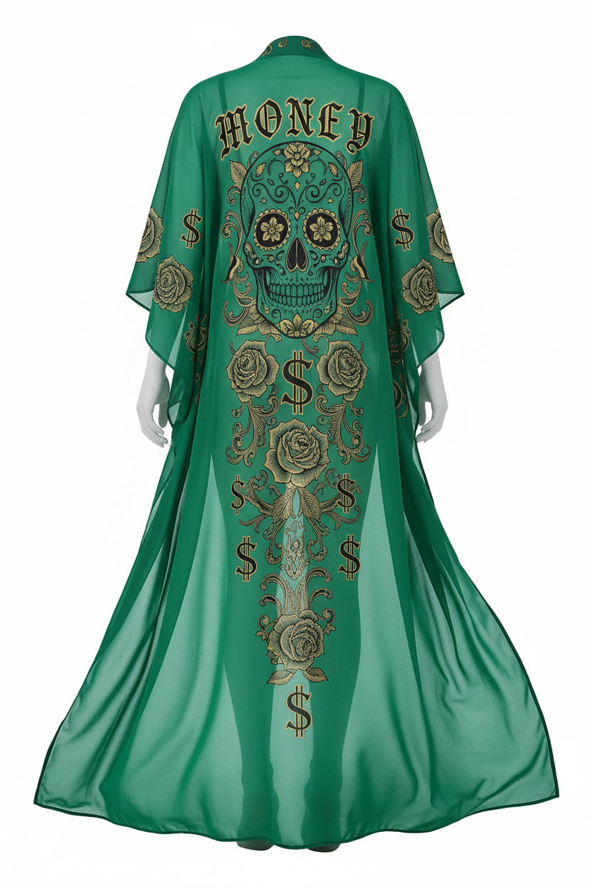 Emerald Green Money Sugar Skull Kimono Cover Up