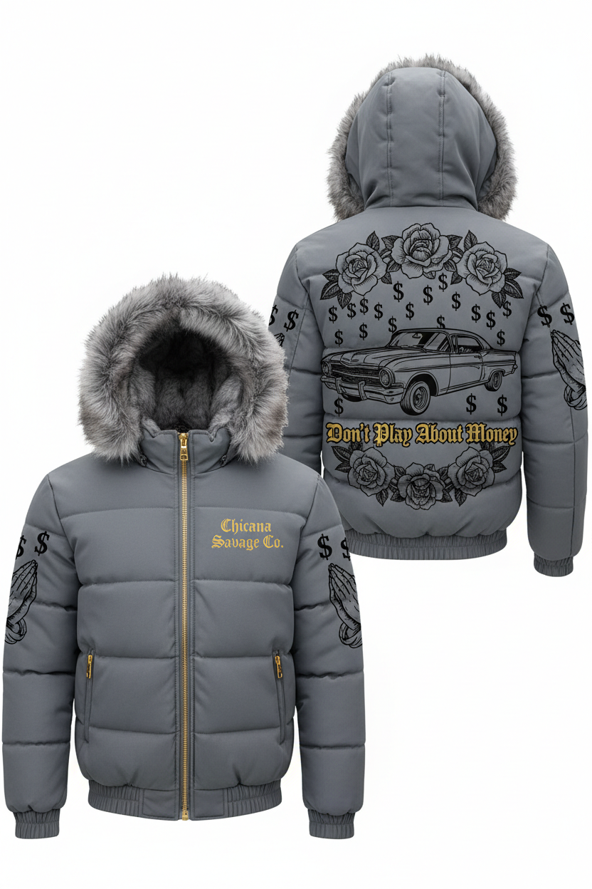Grey Don't Play About Money Puffer Jacket