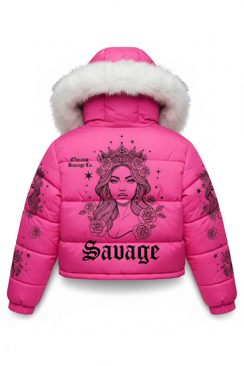 Hot Pink Savage Fur Hood Puffer Jacket