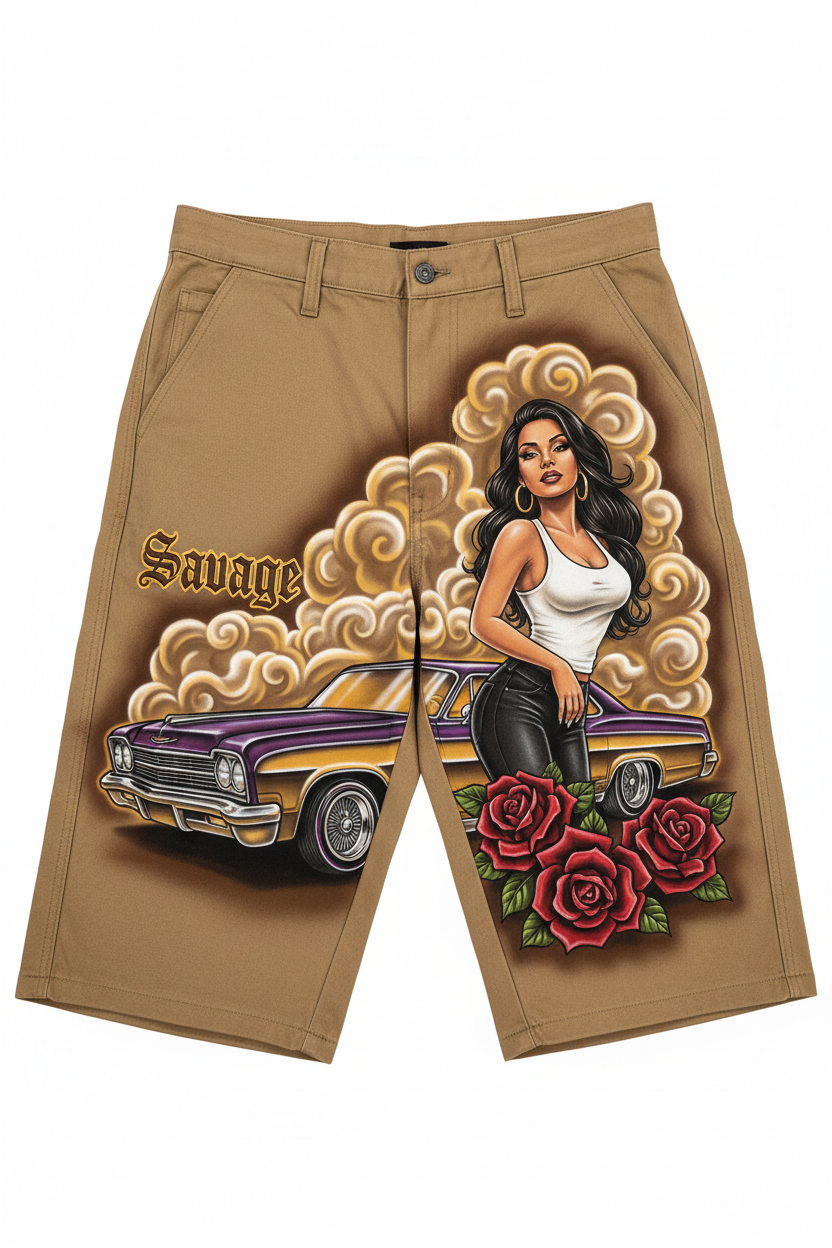 Khaki Chicano Airbrush Lowrider Shorts