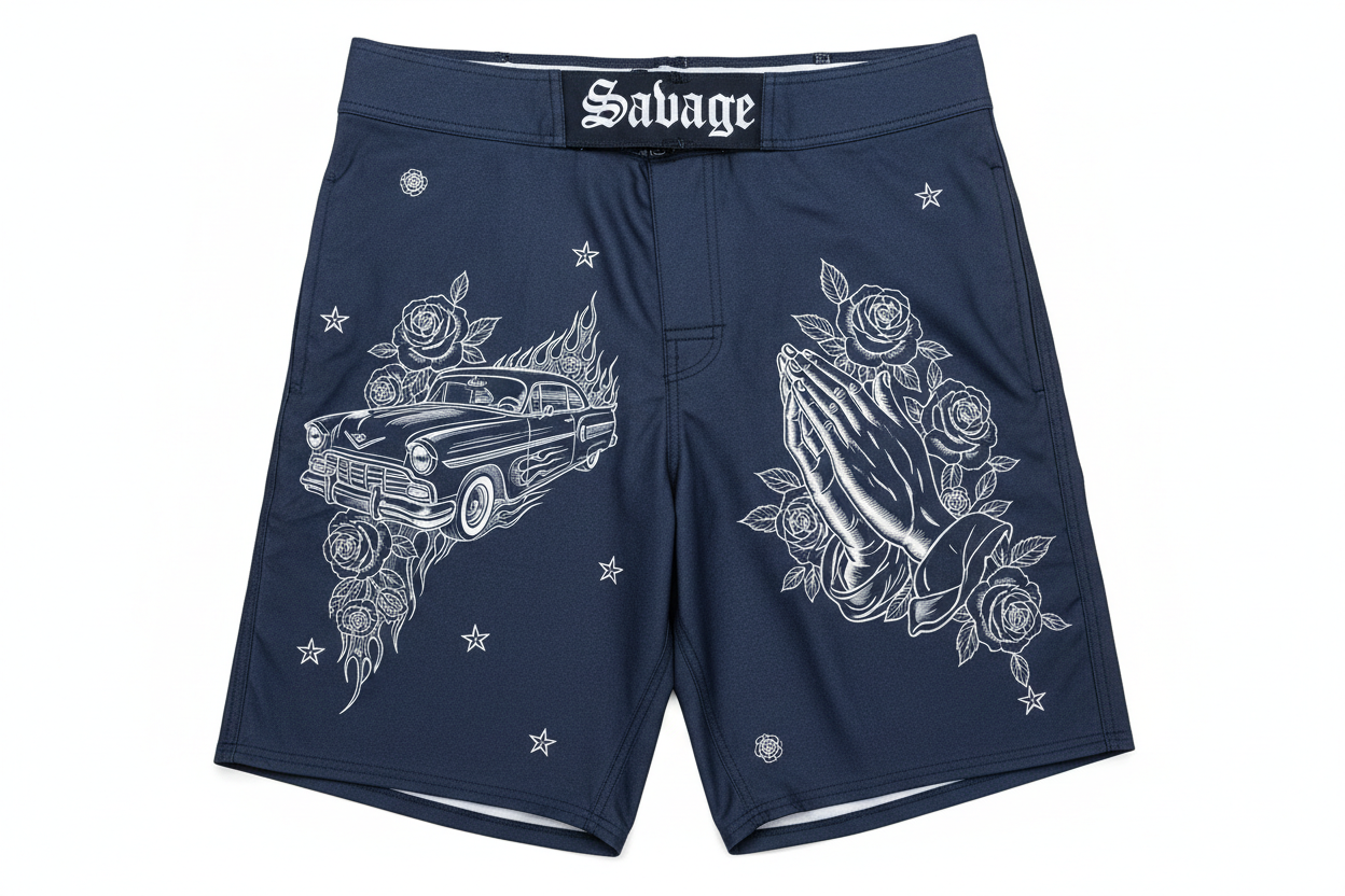 Navy Blue Savage Chicano Swim Trunks