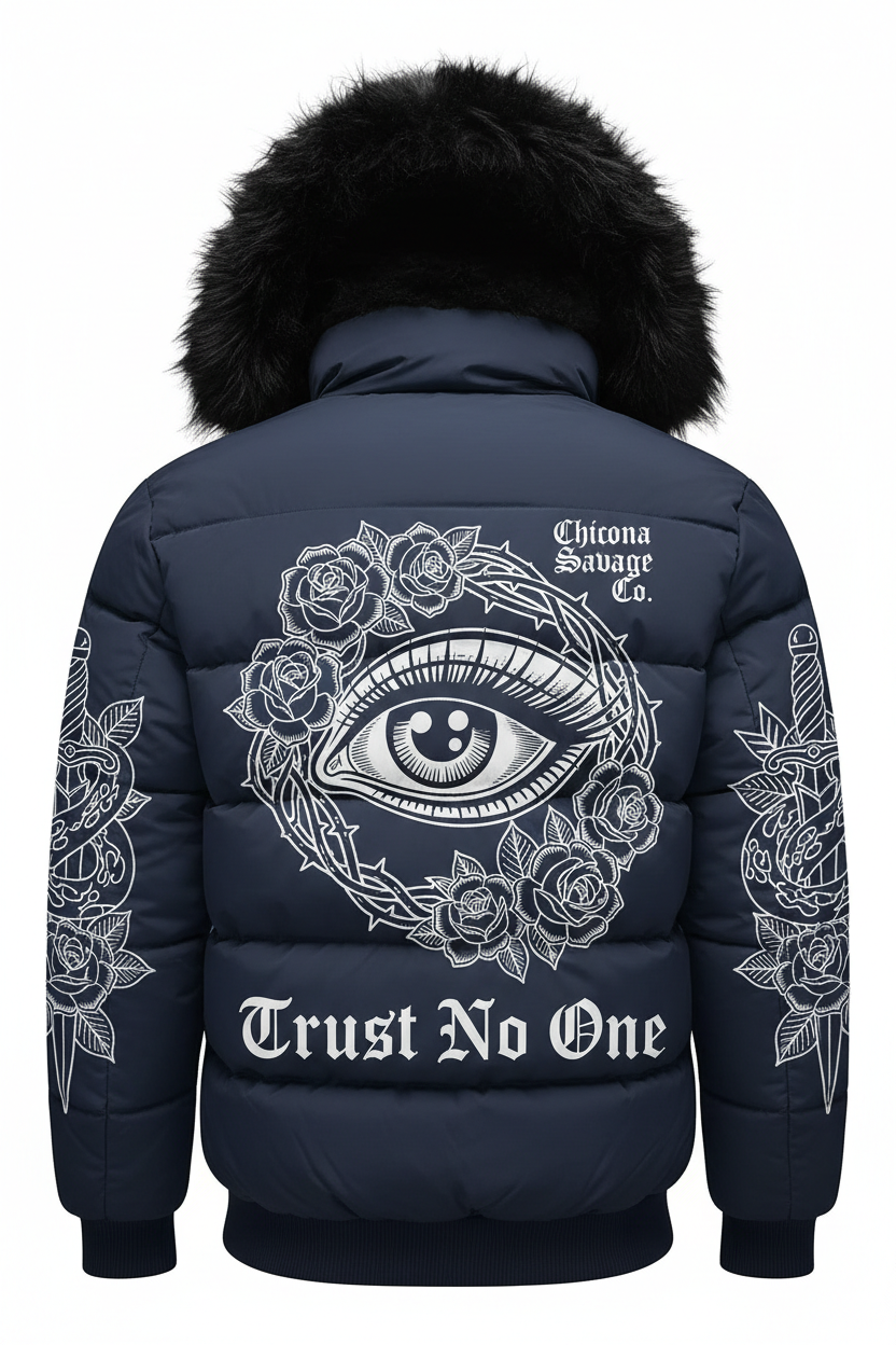 Navy Trust No One Puffer Jacket