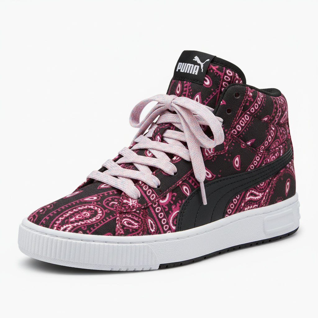 Pink and Black Bandana Puma High Top Shoes with Light Pink and White Laces