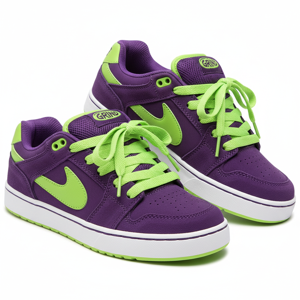 Purple and Green Skater Shoes with Lime Green Laces