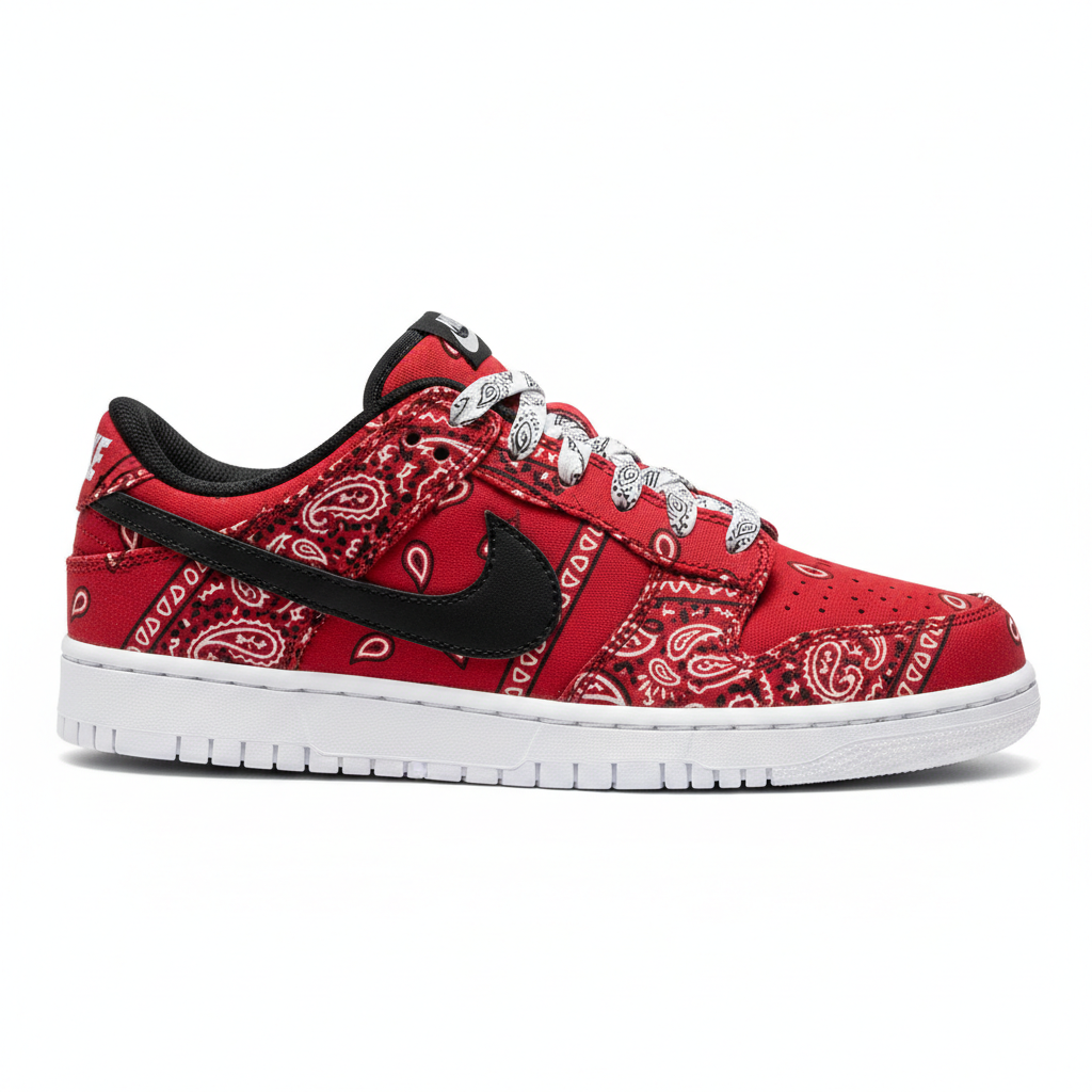 Red and Black Bandana Nike-Style Shoes with White Bandana Laces