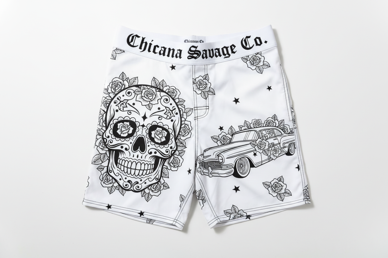 White Chicano Sugar Skull Lowrider Swim Trunks