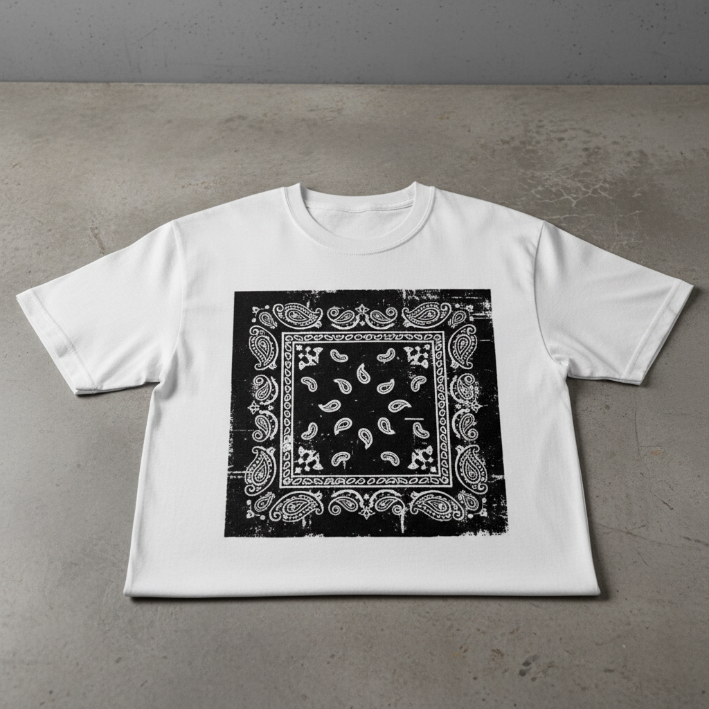 White Shirt with Black Bandana Design