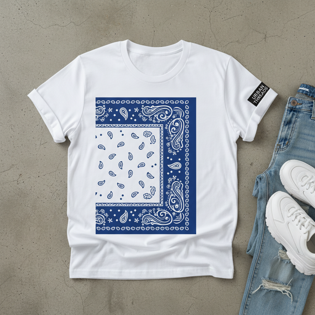 White Shirt with Blue Bandana Design